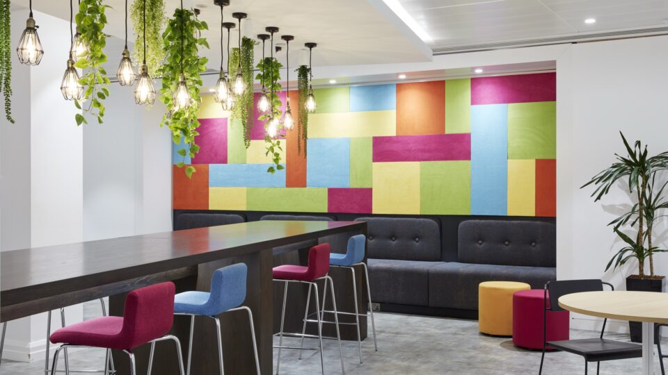 Breakout area with a multicoloured feature wall